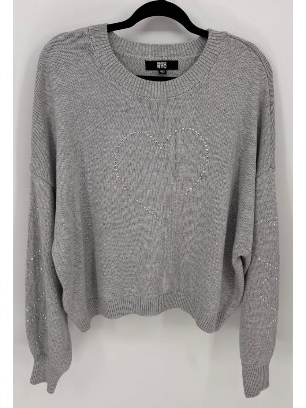 Madden NYC Womens Gray Heart Studded Ribbed Long Sleeve Oversized Sweater